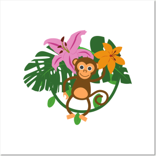 Fun & Cute Monkey Jungle Design With Tropical Flowers & Leaves Posters and Art